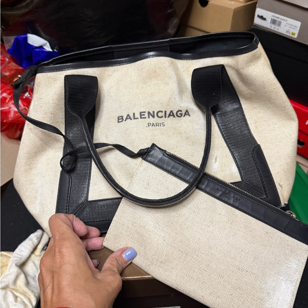 Balenciaga Beige and Black Canvas Tote